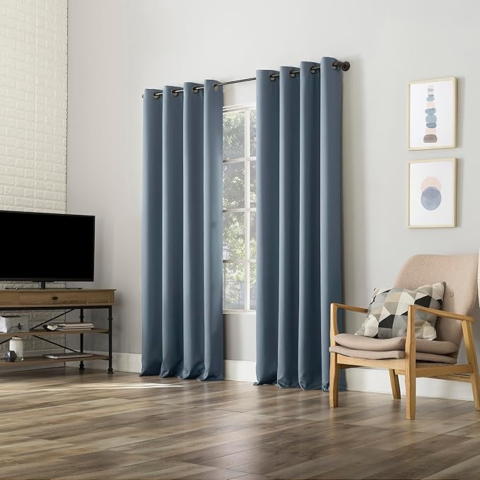 Sun Zero Nordic 2-Pack Theater Grade Noise Reducing Extreme 100% Blackout Grommet Curtain Panel Pair, 52" x 108", Denim Blue