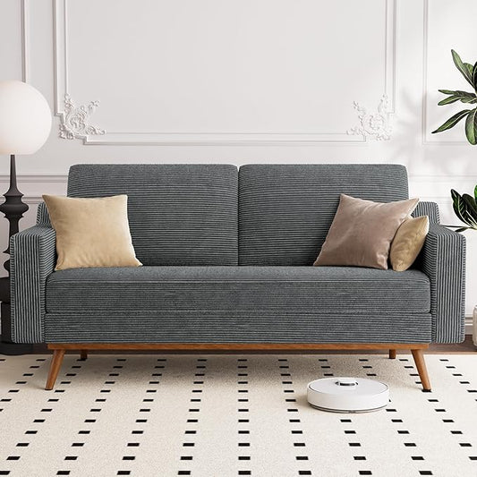 Vipbear 65.4" Loveseat Sofa Grey Corduroy Couch, Mid-Century Modern Small Couches for Living Room, Bedroom, Office, Comfy Sofa with Spring Cushion, Solid Wood Frame, Tool-Free Assembly