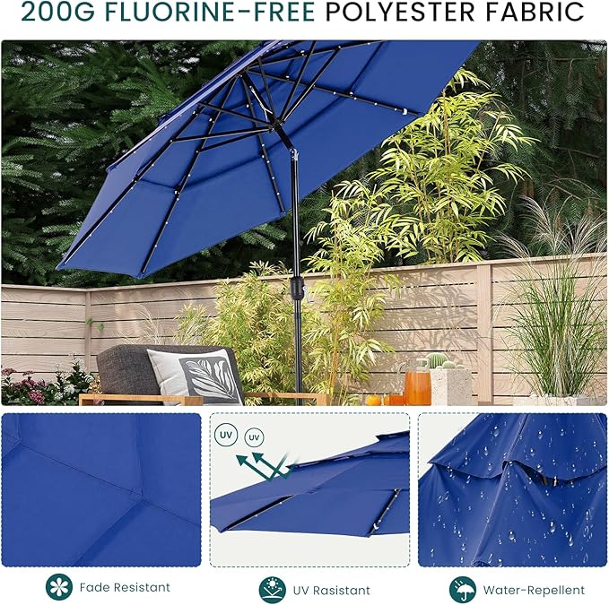 DUMOS 10FT 3 Tier Patio Umbrella with 32 LED Lights, Outdoor Patio Umbrella with Crank, Table Umbrellas 8 Sturdy Ribs for Pool, Market, Terrace, Beach, Outdoor Restaurant, Blue