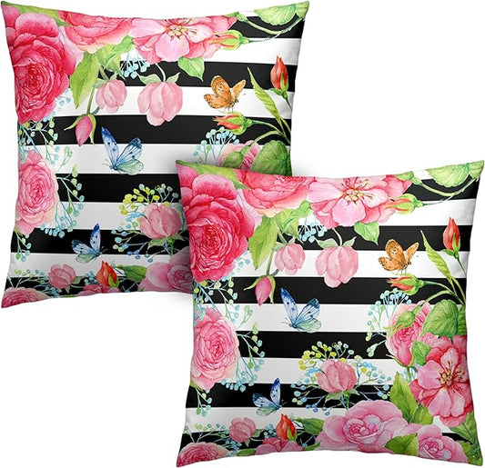 Spring Summer Pillow Covers 18x18 Set of 2 Rose Throw Pillow Covers Butterfly Flowers Pillow Case Black Stripes Cotton Blend Cushion Case for Home Decor Couch Sofa