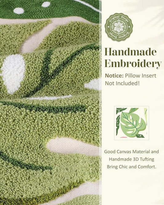 Embroidered Throw Pillow Cover - 18x18 Decorative Pillow Cover with Zipper Aesthetic Cute Design Boho Spring Summer Throw Pillowcase for Living Room Couch Sofa Bed, Monstera Leaves