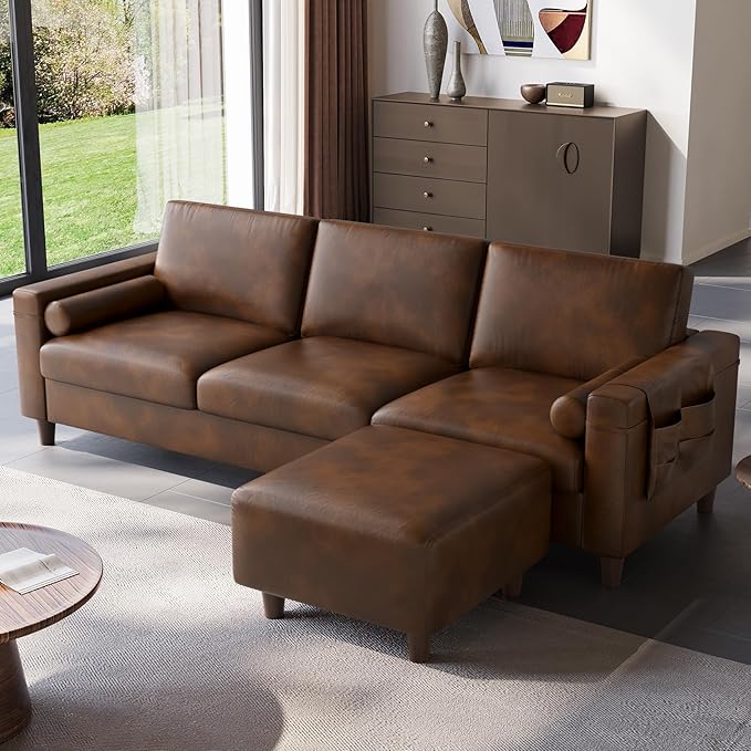 Vesgantti 100" PU Faux Leather Sofa with Movable Ottoman, 3 Seater L Shaped Leather Sectional Couch with Side Pocket, Comfy Mid Century Modern Modular Couch for Living Room, Apartment, Cocoa
