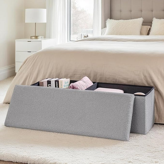43 Inches Storage Ottoman Bench - Square Ottoman with Sherpa Top,Storage Bench for Bedroom,43" L x 15" W x 15" H - Grey