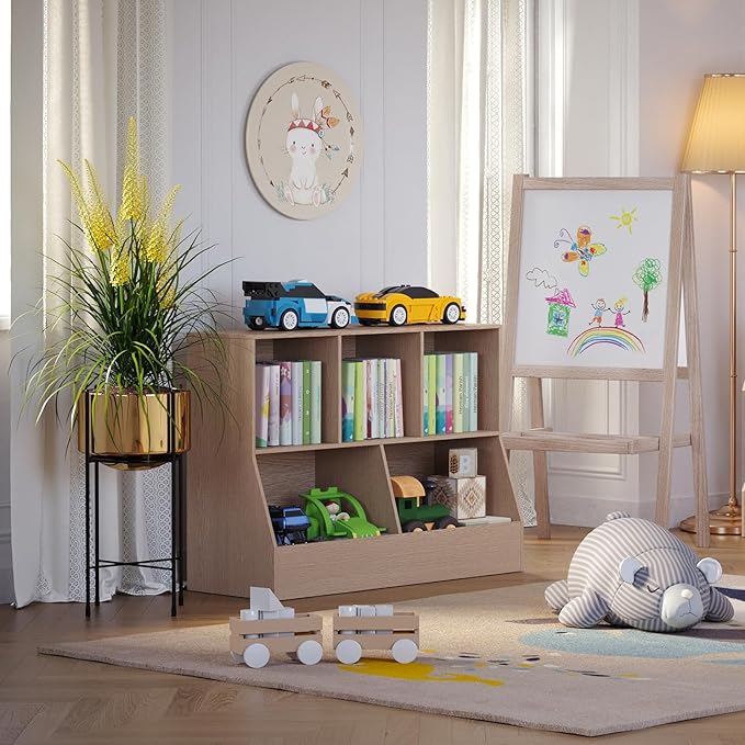 DINZI LVJ Toy Storage Organizer, Kids Bookshelf, Wooden Toy Storage Cabinet, 5 Cubby Children Bookcase, 39.4" L Toddler Book Shelf for Playroom, Living Room, Nursery, Hallway, School, Natural