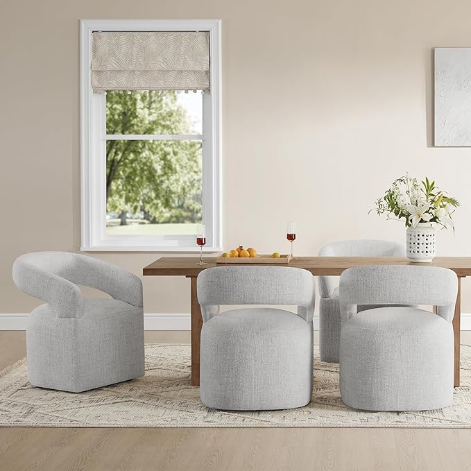 Upholstered Dining Chairs with Casters Easy Assembly Require Modern Barrel Armchair with Rollers for Diningroom Bedroom Livingroom Reading Room,Set of 2,Light Grey