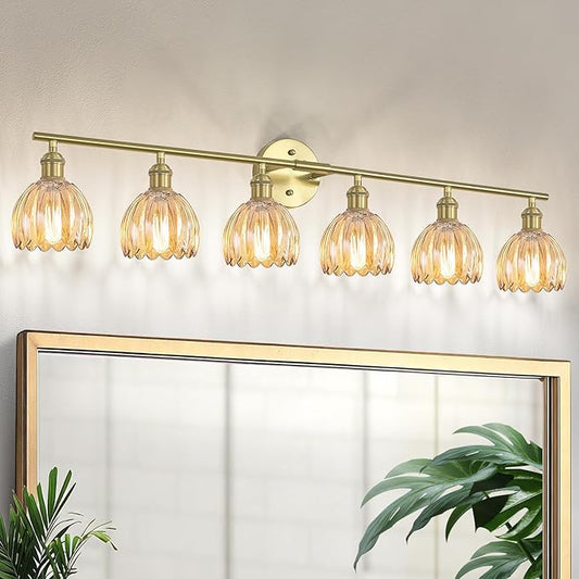 Vintage Bathroom Light Fixtures,6-Light Hardwired Vanity Lights with Amber Tulip Glass Shade,Gold Bathroom Vanity Light for Mirror Restroom,E26 Socket,40.55 in(Bulbs Not Included)