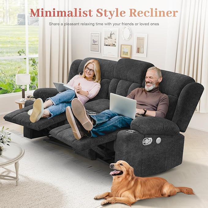Loveseat Recliner Sofa, 2 Seater Curved Sofa for Living Room, Fabric Manual Pull Tab Reclining Loveseat with Storage Console, Home Theater Seating with USB Charge Ports, Cup Holders, Grey