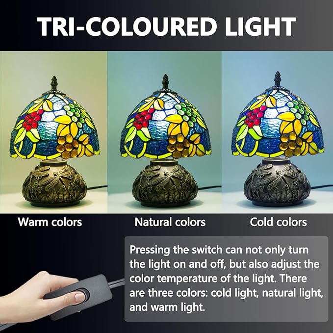 Small Tiffany Table Lamp,Stained Glass Lamp,8 Inch Mushroom Style Mini Vintage Desk Lights for Bedside, Bedroom,Nightstand,Living Room,3 Color Temperature (Yellow Leaf Grape)