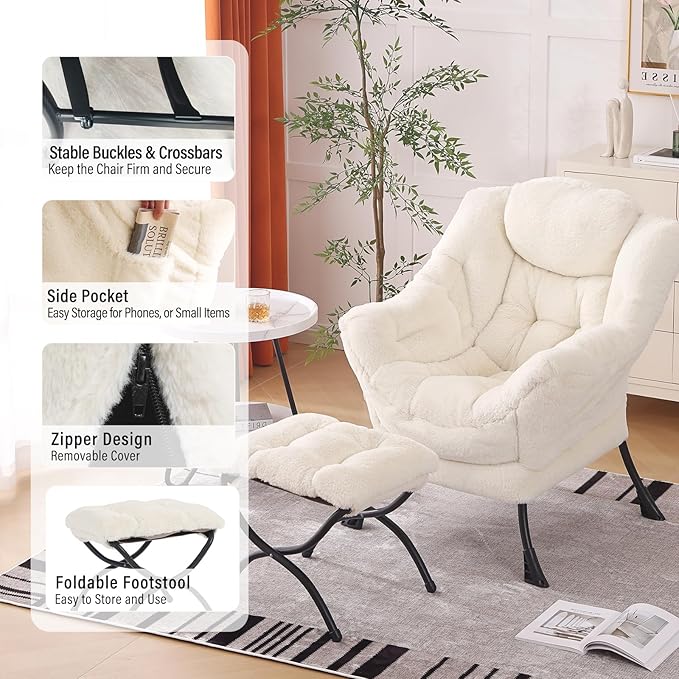 Lazy Chair with Ottoman, Modern Chair with Folding Footrest, Plush Beige Accent Chair, Comfortable Reading Chair, Oversized Armchairs for Bedroom, Study, Living Room, Courtyard