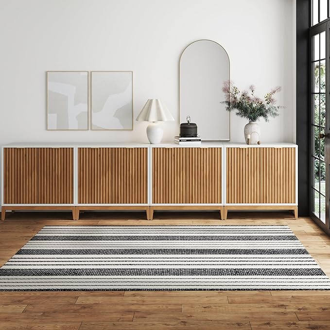 Nathan James Jasper Modern Sideboard, TV Stand with Fluted Doors, Accent Storage for Kitchen or Living Room, White/Warm Pine, Set of 4