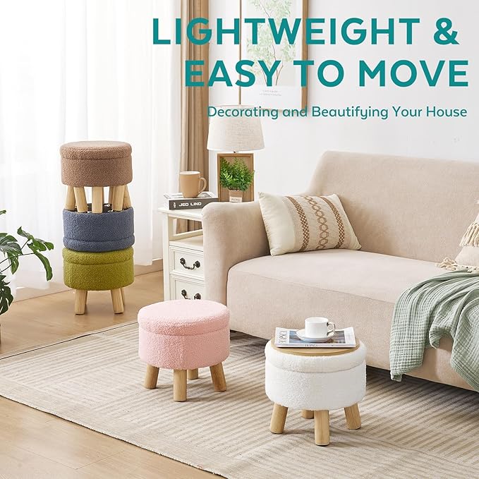 Small Foot Stool Ottoman with Storage, Sherpa Ottoman Foot Rest for Couch, Round Footstool with Storage, Small Ottomans and Footstools for Living Room and Entryway (Black)