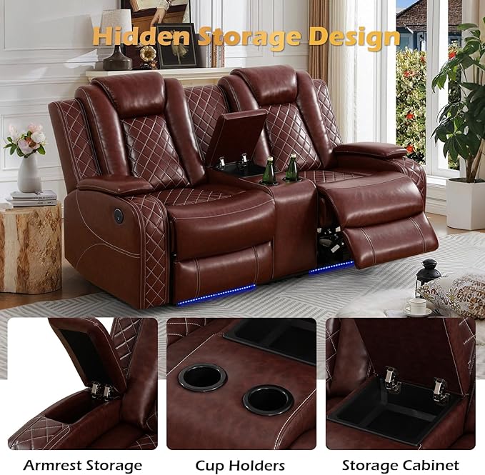 Power Leather Recliner Sofa with LED Light,74" Power Double Reclining Loveseat with Storage Console/Cup Holders/USB Port,2 Seater Leather Couch for Living Room Furniture(Red,Loveseat)