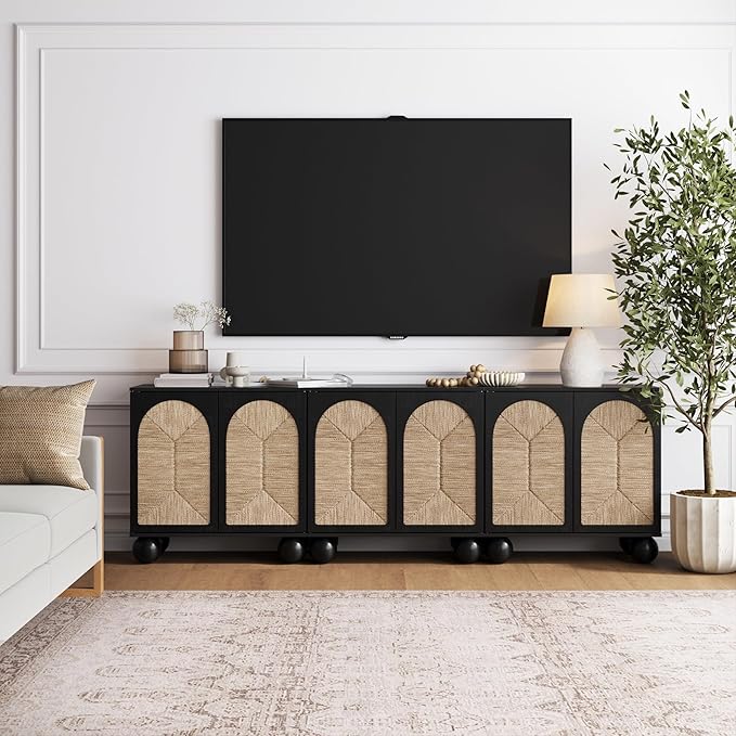 Nathan James Leah Boho TV Stand or Sideboard Cabinet for Kitchen or Living Room with Ball-Style Feet, Natural Seagrass Door Fronts and Solid Wood Legs, Black Set of 3