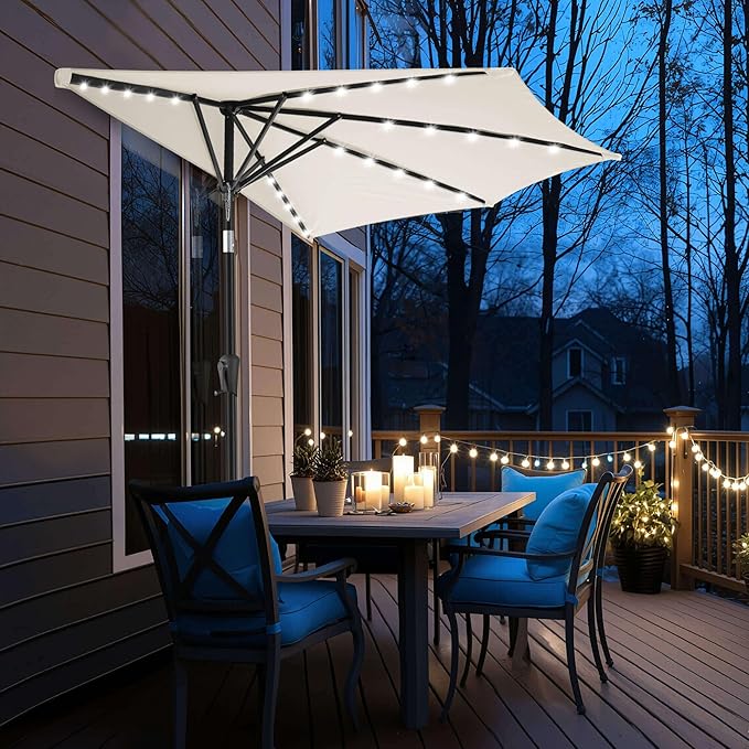 9FT Solar Half Umbrellas Outdoor - LED Half Patio Umbrella with 25 Lights, UV Protection Waterprool, Half Round Umbrella for Wall Balcony, Pool, Porch, Garden, Deck, Backyard, Ivory