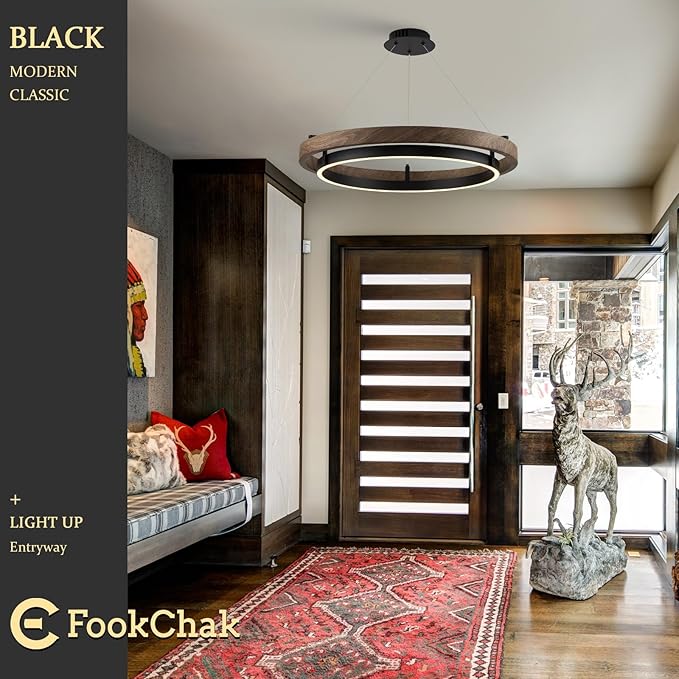 LED Ring Chandelier Modern Round LED Pendant Light 24in Walnut Wood & Black Chandelier Dimmable Ceiling Pendant Light Fixtrure for Dining Room Entry Kitchen Island Bedroom Living Room