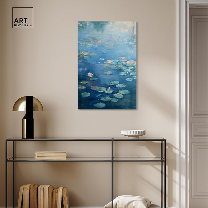 Art Remedy Lilypads In Blues Gallery Wrapped Impressionism 1 Piece Canvas Wall Art/Monet And Van Gogh Inspired Art, 20" x 30", Gallery Wrapped