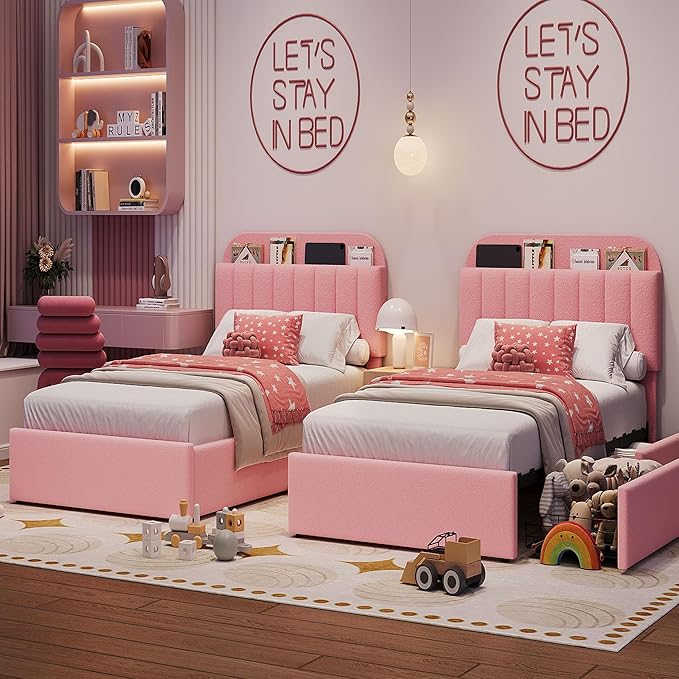 IDEALHOUSE Twin XL Bed Frame for Kids, Boucle Upholstered Platform Bed for Girls with 2 Flexible Drawers, Bookcase Headboard, Noise-Free, Easy Assembly, No Box Spring Needed, Pink