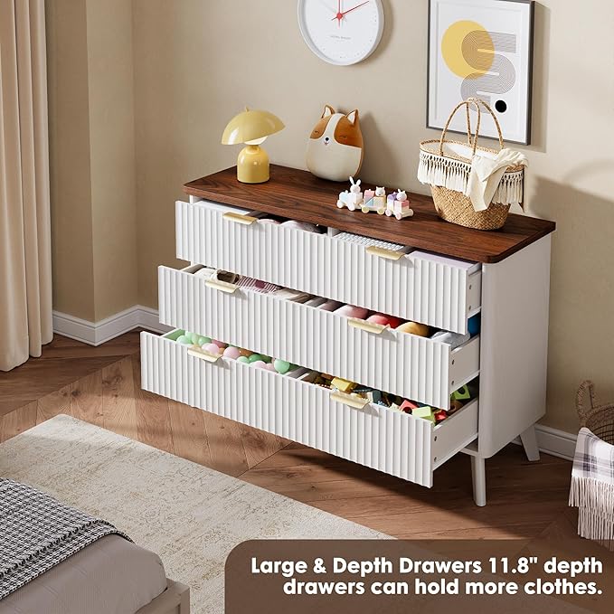 Garvee 6 Drawers Dresser for Bedroom, 47.2" Wide Dressers with Curved Profile Design, Fluted Wood Drawers with Gold Handle, Modern Chest of Dressers with Thickened Design for Living Room, White