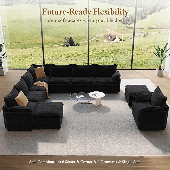 Vesgantti Large Modular Sectional Sofa, Big Comfy Cloud Couch with Ottoman Deep Seat Corduroy Cloud Sofa, 9 Seater Large Sectional Couches for Living Room, Bedroom and Apartment, Black | Sink-in Comfort, Height Adjustable, Easy Rearrangement, Extra-dee...