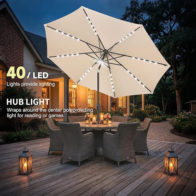 10ft Solar Umbrella Outdoor - Lighted Solar Patio Umbrella with 40 LED Lights Waterprool UV Protection, Table Umbrella with Tilt for Pool, Porch, Garden, Deck, Backyard (Beige)