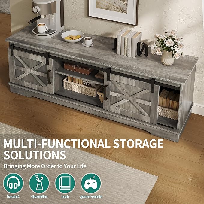 YITAHOME Farmhouse TV Stand for Living Room with Mount, Entertainment Center with 3 Height Adjustment for 32-70 inch TVs, Media Console Cabinet with Sliding Barn Door, Grey