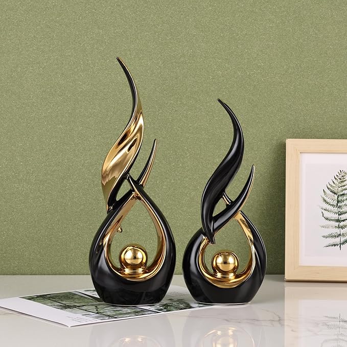 2 PCS Black Gold Ceramic Statues For Home Decor Accents, Modern Abstract Art Sculptures, Elegant Tabletop Decorative Objects For Dining Room, Entryway, Tv Stand, Mantel, Coffee Table Centerpieces