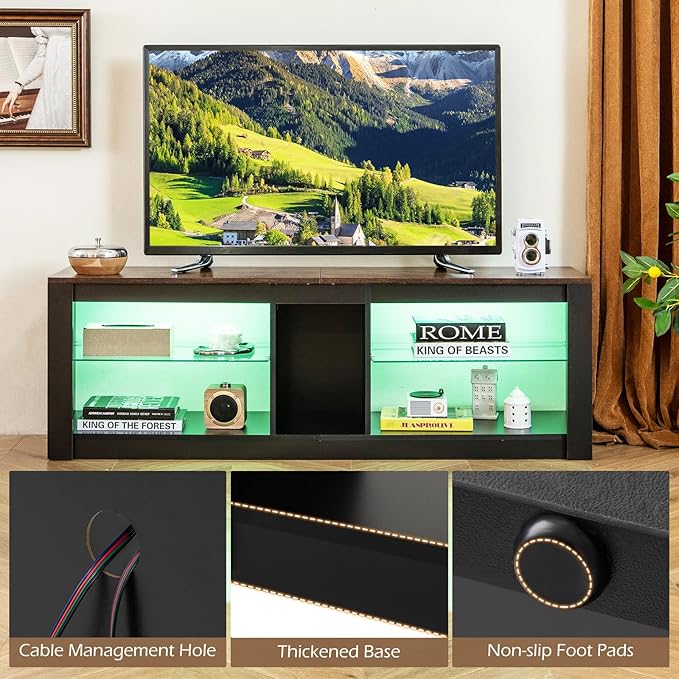 Tangkula LED TV Stand for 65 Inch TVs, Gaming Entertainment Center w/Open Storage, Adjustable Tempered Glass Shelves, Modern Media TV Console Table for Living Room Bedroom (Rustic Brown)