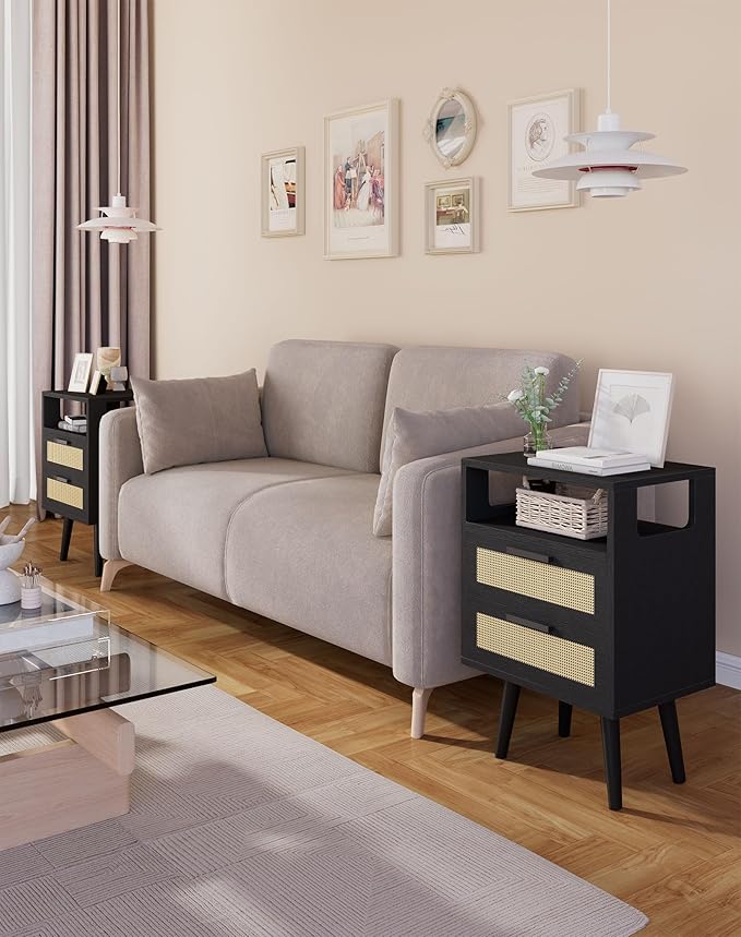 YMYNY Nightstand with 2 Drawers, Boho Side Table, Handmade Rattan Decorated, Open Shelf Unit with Arched Design, Solid Wood Legs, Storage Cabinet for Bedroom, Black UHST015B