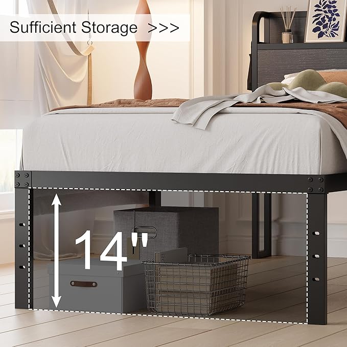 16 Inch Twin XL Bed Frames with Headboard, Metal Bed Frame Twin XL Storage Wood Headboard No Box Spring Needed, Noise Free, Black