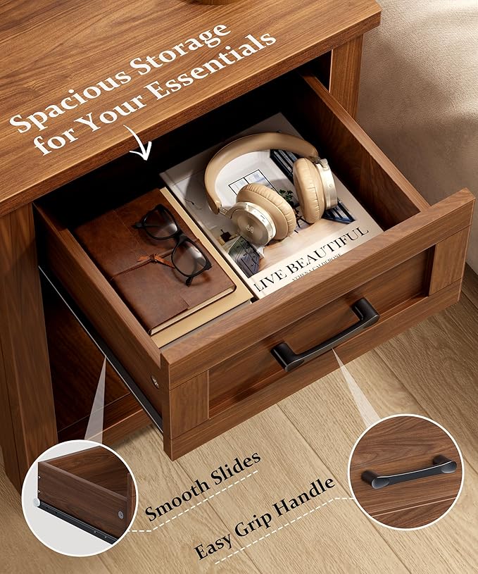 Farmhouse Nightstand with Charging Station & Large Storage, Modern End Tables with Outlets, USB Ports and Type-C Ports, Easy Assembly for Bedroom (Walnut)