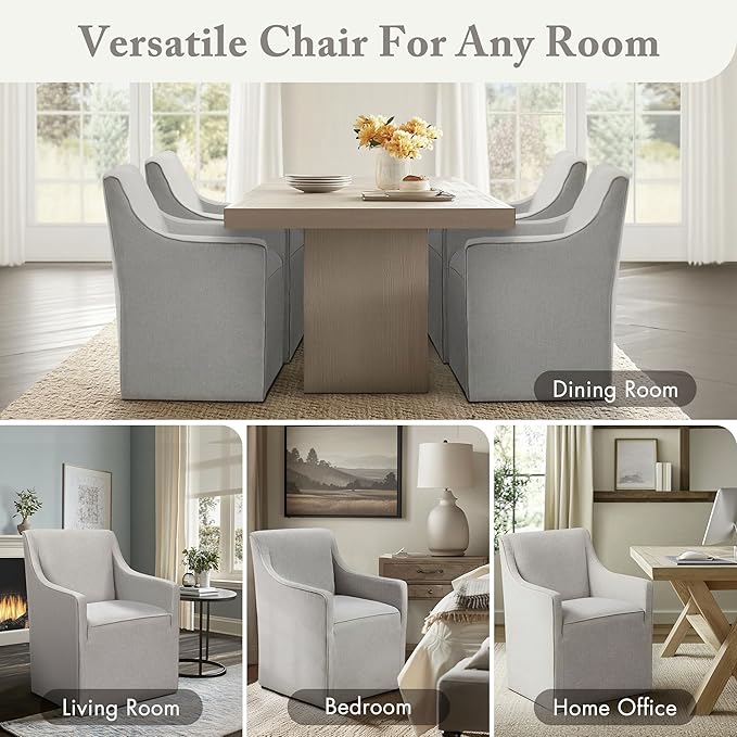 Madison Park Charlotte Dining Chair with Hidden Casters, Accent Chair 20" Thick Seat Cushion, Upholstered, Padded, Modern Farmhouse Dining Chair Side Chair, Fully Assembled Chair 34" H Grey