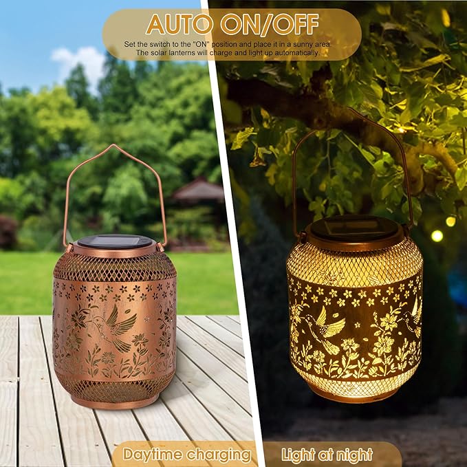 2 Packs Hummingbird Solar Lanterns Outdoor Waterproof, Hummingbird Birthday Gifts for Women Mom Grandma, Metal Hanging Solar Lights Outside Decorations for Patio Porch Yard Backyard Decor