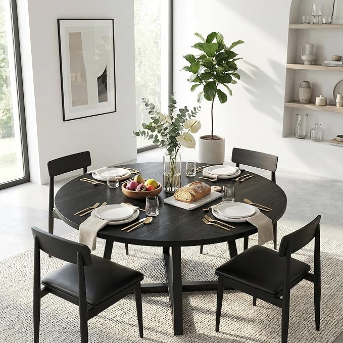 Round Dining Table for 4-6 with Storage Shelf, Kitchen & Dining Room Circle Pedestal Table, Heavy Duty Metal Frame & Wood Top