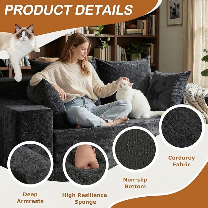 Convertible Sofa Bed, 5 in 1 Small Boneless Couch Pull Out Loveseat Sleeper Sofa,Corduroy Futon Couch Folding Mattress with 4 Pillows for Living Room (Black, Loveseat(Silky Velvet))
