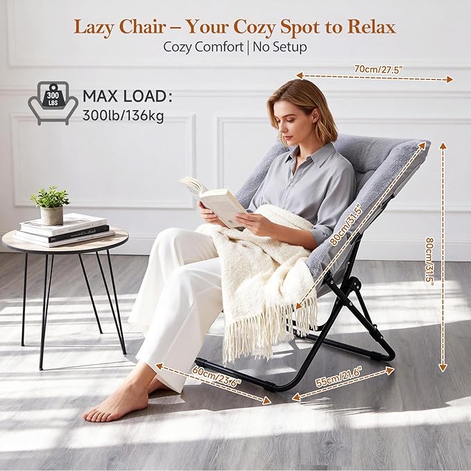 Comfy Dorm Chair - Oversized Folding Saucer Chair with Soft Faux Fur, Metal Frame, for Bedroom, Living Room, Balcony, Patio, Study, Playroom (Grey)