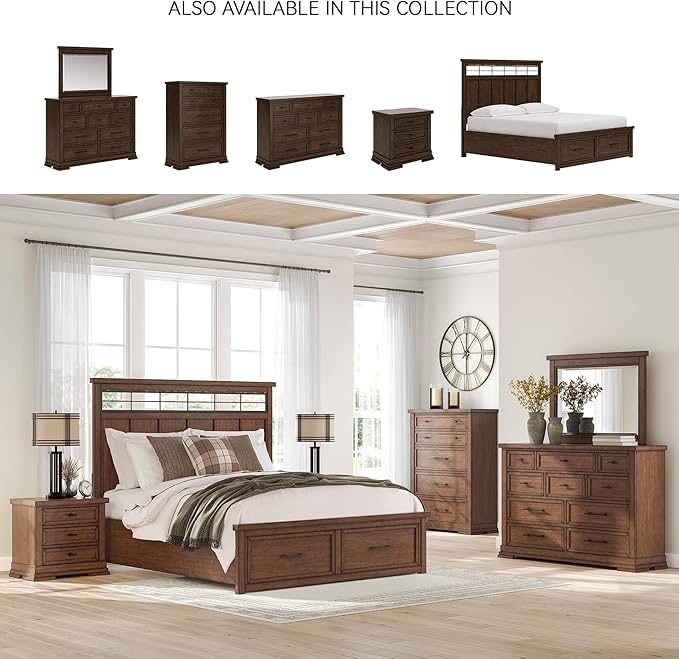 Signature Design by Ashley Taffenbrook Farmhouse 3-Drawer Nightstand with Felt-Lined Top Drawer, Power Supply and USB Ports, 28.5" W x 18.25" D x 26.5" H, Dark Brown