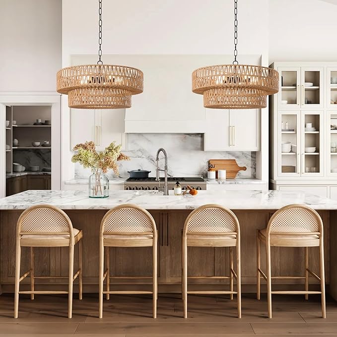 LamQee 22 Inch Farmhouse Rattan Chandeliers, 5 Lights Boho Chandelier Light Fixture with Hand Woven Wicker Shade, Large Rattan Pendant Lights Ceiling Hanging Lighting for Dining Room Kitchen Island
