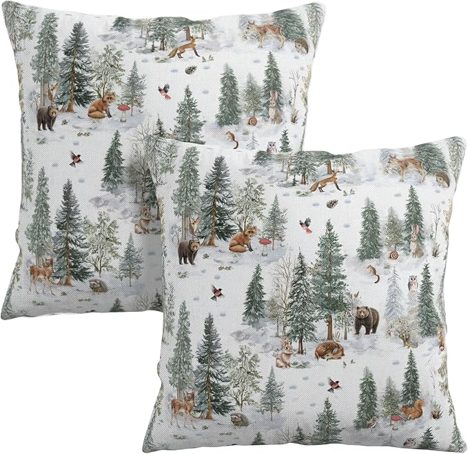 Winter Pillow Covers 16x16 Set of 2 Vintage Rustic Forest Pine Tree Snow Animals Print Xmas Holiday Throw Pillow Case Farmhouse Christmas Decoration Cushion Cases for Home Couch Sofa