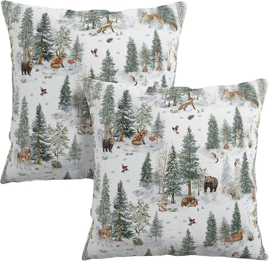 Winter Pillow Covers 22x22 Set of 2 Vintage Rustic Forest Pine Tree Snow Animals Print Xmas Holiday Throw Pillow Case Farmhouse Christmas Decoration Cushion Cases for Home Couch Sofa