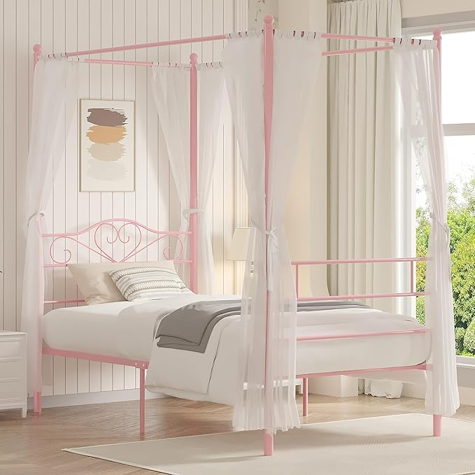 VECELO Twin Canopy Bed Frame with Headboard and Footboard, Metal Four Posters Design, Mattress Foundation Platform with Steel Slats Support, Underbed Storage Space, No Box Spring Needed, Pink