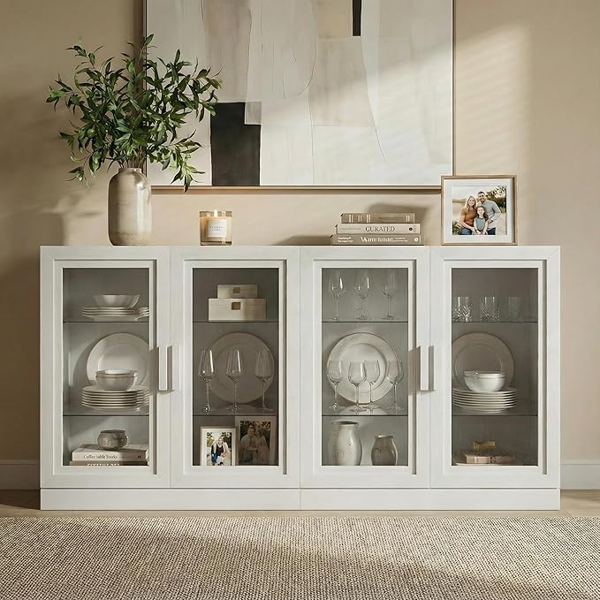 Casaphoria Adam Sideboard Buffet Cabinet with Storage, Display Cabinet with Glass Doors & Adjustable Shelves, 62" W x 31" H Buffet Cabinet for Entryway Kitchen Living Room, White