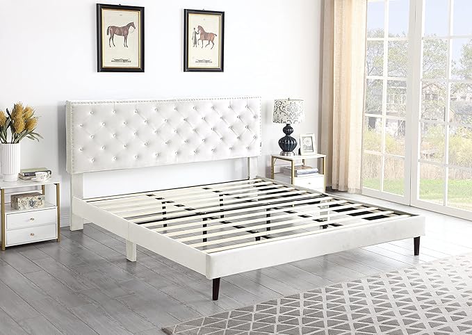 King Upholstered Platform Bed Frame with 48" Tall Adjustable Headboard - Button Tufted Suede Velour Bed- Wood Slat Support with Storage Space- No Box Spring Needed - Beige - OLIVER & SMITH - Princeton