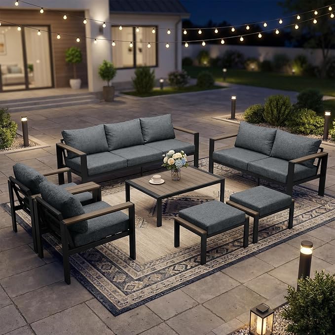 Outdoor Patio Furniture Set 7 Pieces Luxury Aluminum Patio Conversation Set with Coffee Table and 2 Ottoman 9 Seats, Thick Cushions, Large Sectional Sofa for Porch, Balcony, Deck, Yard, Gray