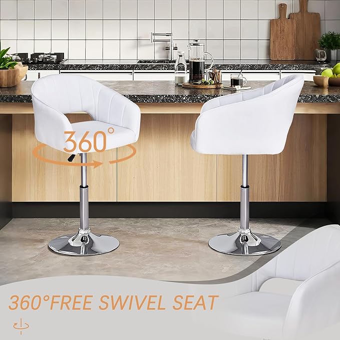 VECELO Velvet Accent Chair, Adjustable Luxury Vanity & Dining Chair with Gold Barstool Base, 360°Swivel Upholstered Armchair for Living Room, Bedroom, Home Office, Pearl White