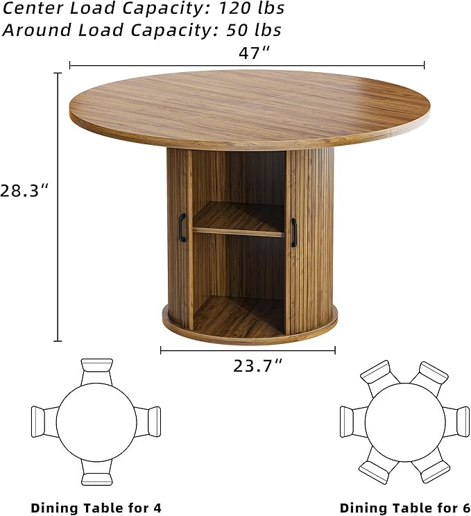 47 Inch Round Dining Table for 4-6 Round Table Kitchen Modern Round Dining Room Table with 2-Layer Storage Shelf and Wood Slide Door Circle Kitchen Tables for Dining Room Walnut