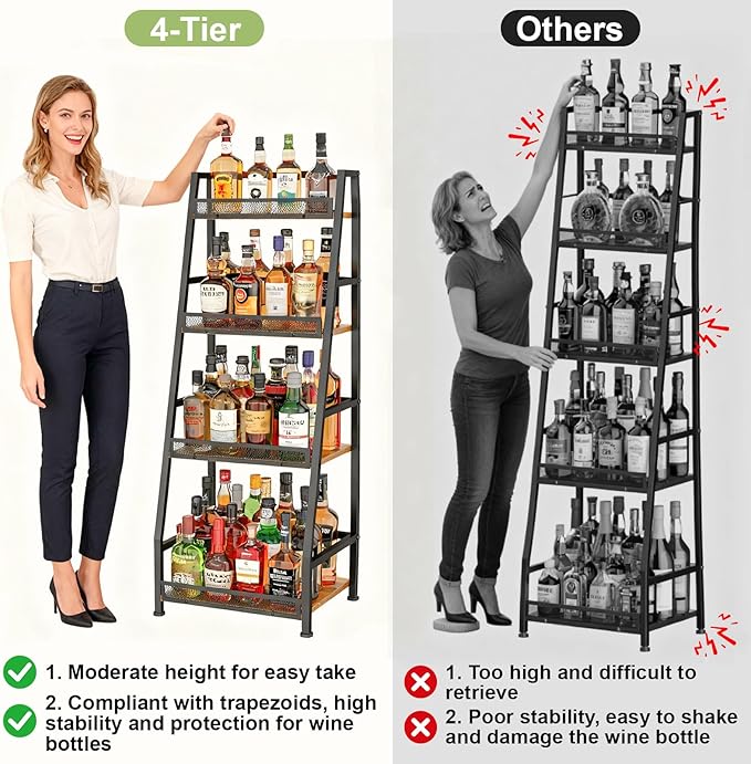 4-Tier Trapezoid Liquor Stand for Home Bar, Stepped Wine Rack Freestanding Floor for Liquor Whiskey Wine, Versatile Corner Wine Bottle Display Stand with Fences, Vintage Brown（Patent Pending）