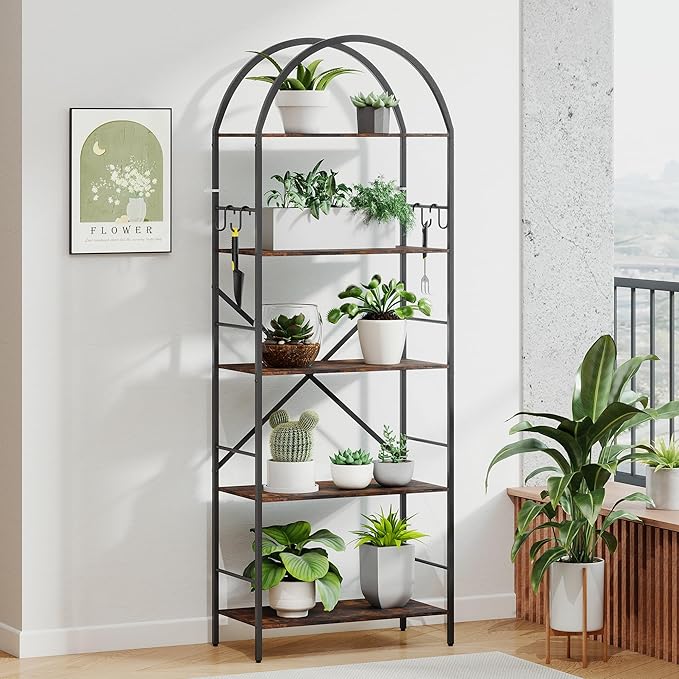 Arched Tall Bookshelf, 5 Tier Narrow Bookcase, Display Stand Book Shelf, Wide Bookshelves with 4 Hooks for Living Room, Home Office, Black and Brown