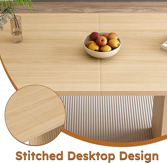 KEIKI 63" Oval Kitchen Table, Modern Farmhouse Kitchen Dining Table for 4-6, Large Round Pedestal Dining Table with Wood Strip Base, Waterproof Scratch Resistant Surface, Natural