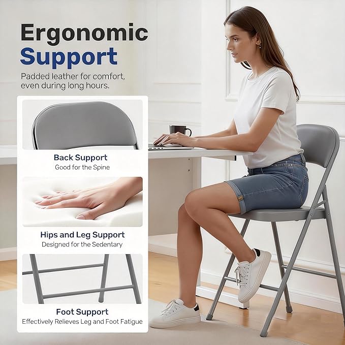 Simple Deluxe Dining Chairs Set of 2, Leather Cushion Foldable Modern Kitchen Side Chair with Padded Back& Metal Legs, Upholstered Dinner Seat Gift for Home/Living Room/Bedroom/Restaurant, Grey