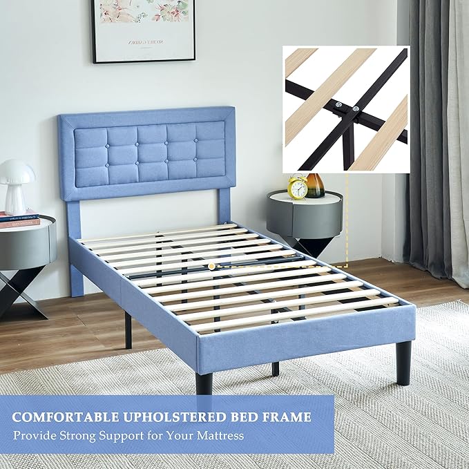 VECELO Twin Size Bed Frame with Adjustable Headboard, Upholstered Button Tufted Bedframe with Wood Slats Support, No Box Spring Needed, Light Blue